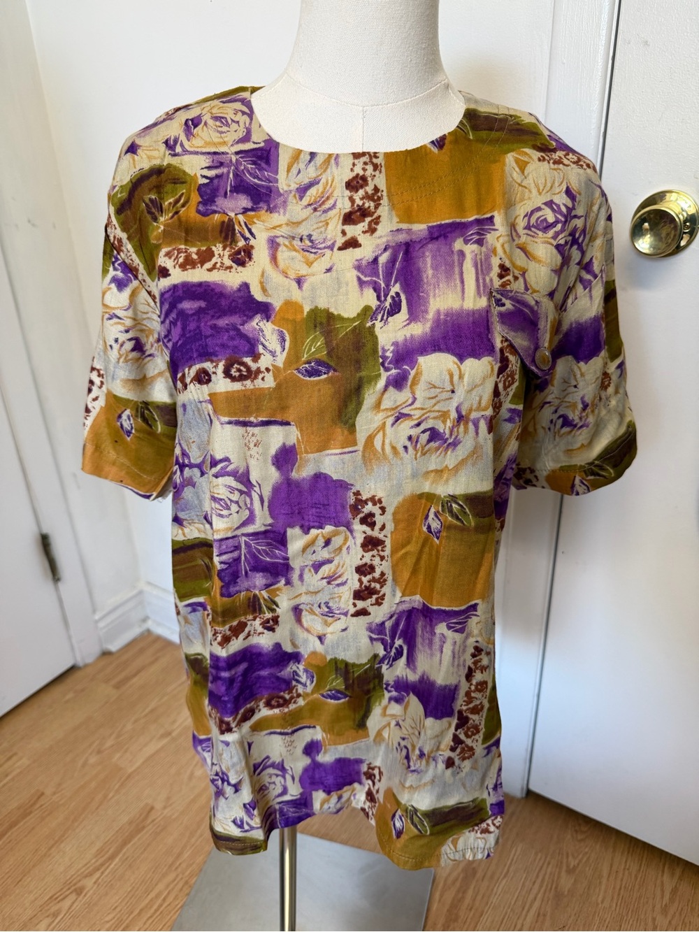 Floral Patchwork Short Sleeve Top - Purple & Mustard